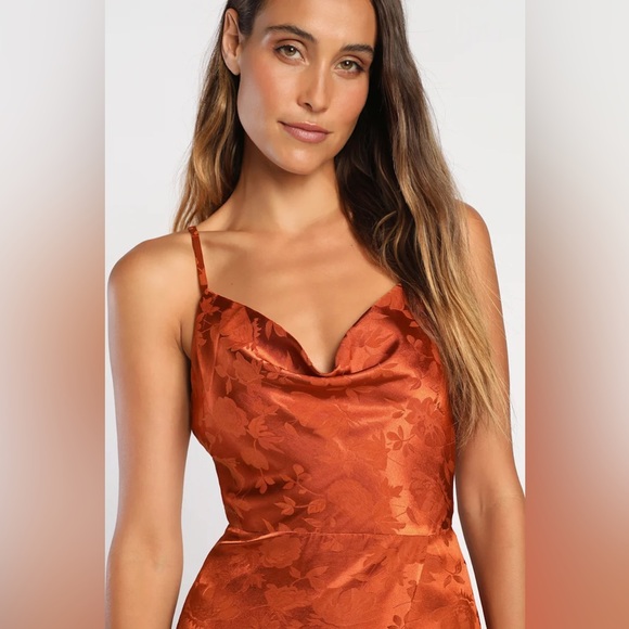 Lulus Simply Dreamy Rust Orange Satin Floral Jacquard Maxi Dress - Picture 3 of 8